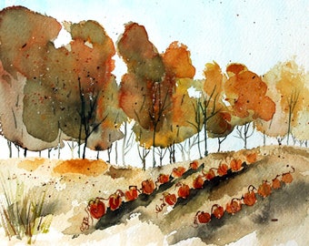 Watercolor pumpkin patch PRINT, watercolor pumpkins, fall landscape painting, fall decor, fall trees painting