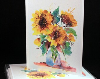 Loose yellow Sunflower Original Watercolor PRINT Note Card Set, Watercolor Cards, Watercolor Sunflowers, Sunflower Cards