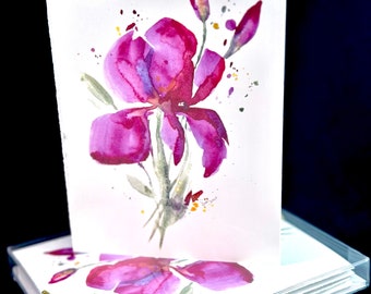 Purple Iris Flower Watercolor Print Card Set -  set of 4 boxed with envelopes