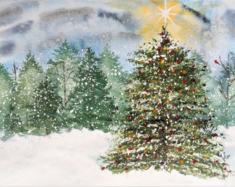 Christmas Tree in the Woods Watercolor Print of Original Painting