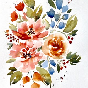 Copper Peach and Blue Abstract Floral / Flowers Watercolor PRINT of Original Watercolor Painting image 1