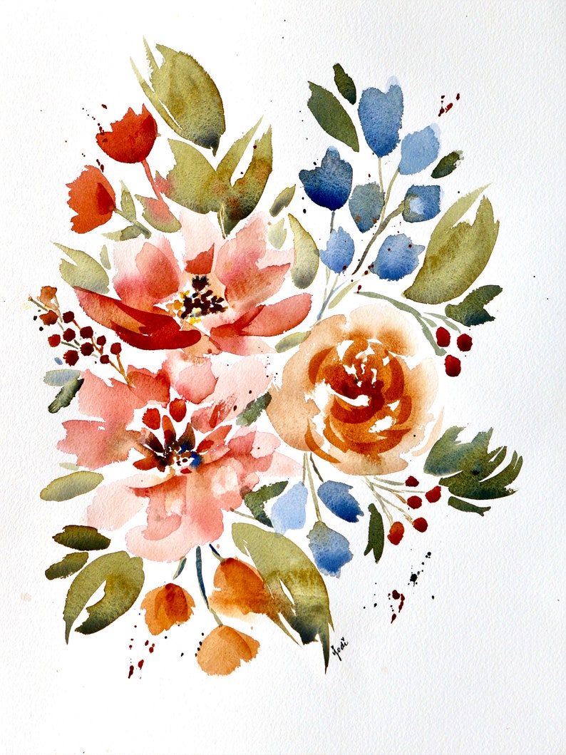 Copper Peach and Blue Abstract Floral / Flowers Watercolor PRINT of Original Watercolor Painting image 1