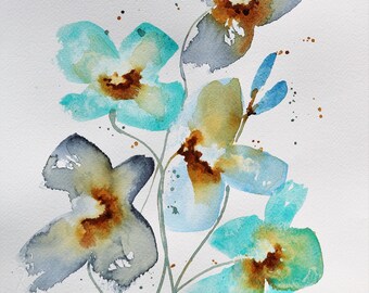 ORIGINAL Watercolor blue flowers, Watercolor flowers, Original Watercolor, floral Painting, Flower Painting, Watercolor Flower