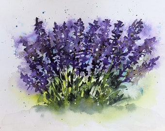 Print of original watercolor A Patch of Purple Delphiniums, Floral Watercolor, Flower Painting