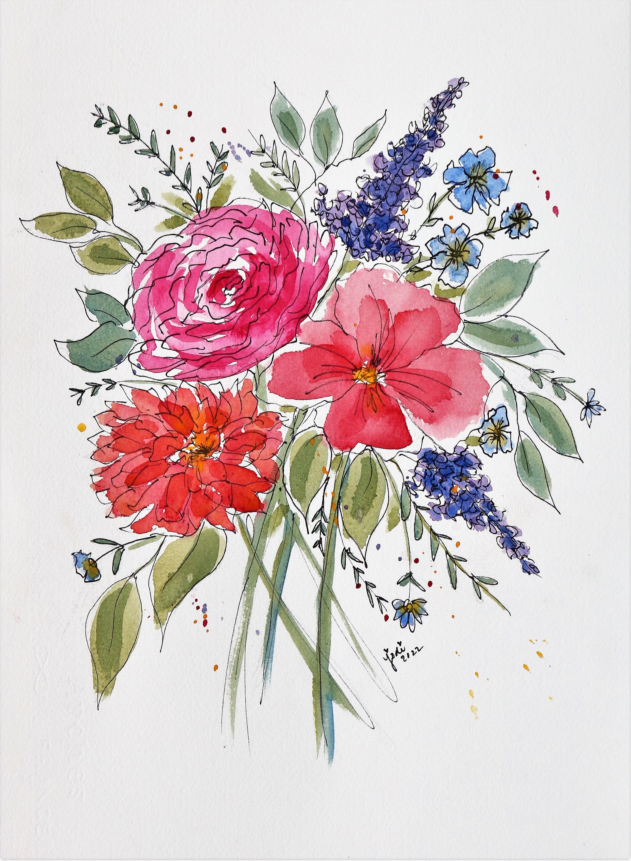Flower Bouquet Print of Original Ink and Wash Watercolor Painting 