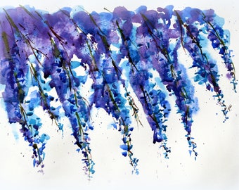 ORIGINAL Watercolor blue wisteria,  Floral Painting, Original Art Wall Hanging,   Painting,