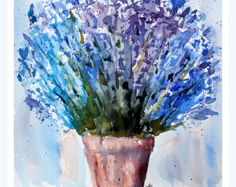 PRINT (8x10) of  blue lavender Watercolor Painting, Lavender Painting, Watercolor Lavender