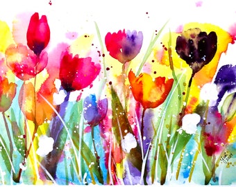 ORIGINAL abstract Spring Tulips in the Wild 11x14” watercolor painting