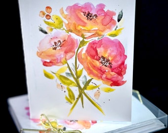 Pink Peonies Flower Watercolor Print Card Set - I Can Buy Myself Flowers