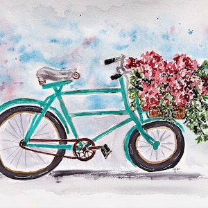Original watercolor painting 11x14- Bicycle with flowers, bicycle decor,  Flower  basket on bike painting, home decor