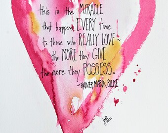 Original Watercolor Art - Miracle of Love Pink Abstract Heart with Rilke Quote