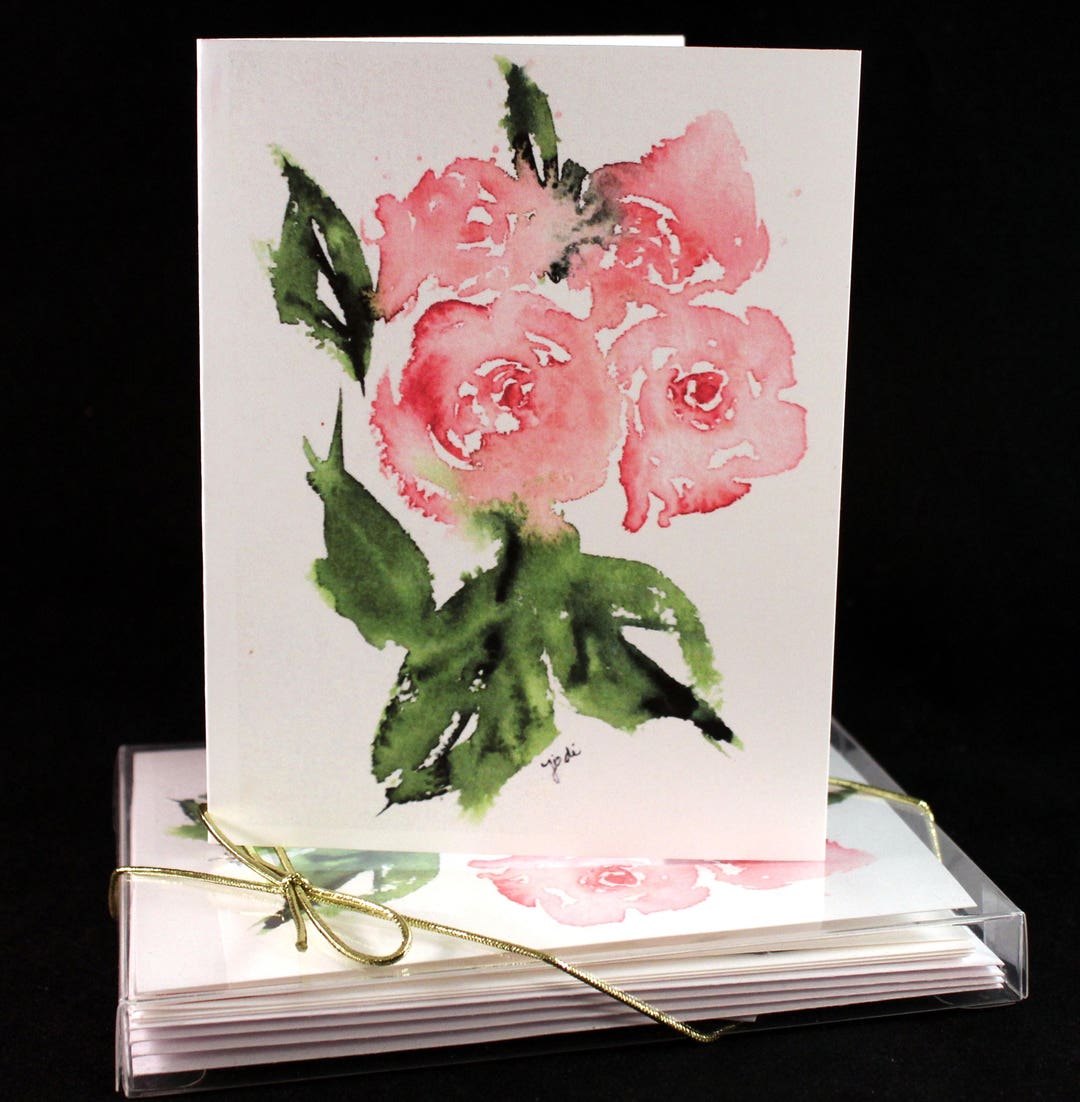 Pink Roses Original Watercolor PRINT Note Card Set, Watercolor Cards ...