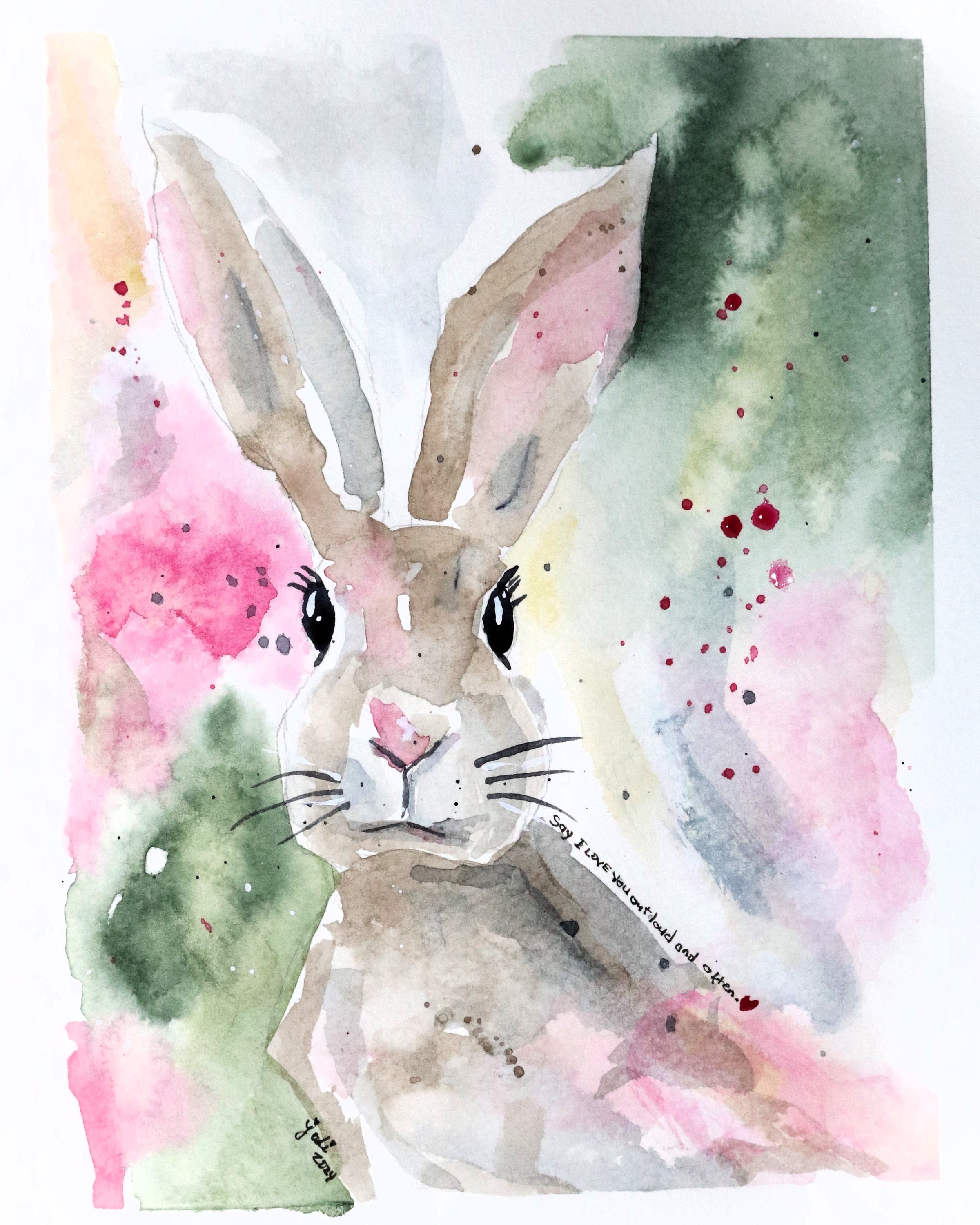 Bunny Watercolor Print of Original Painting in Pink and Green - Etsy