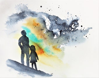 ORIGINAL Watercolor Painting - Dad and Daughter Looking Up Into the Sky