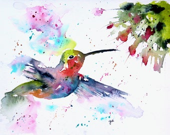 5 x 7 PRINT of hummingbird original watercolor painting, hummingbird watercolor, hummingbird painting