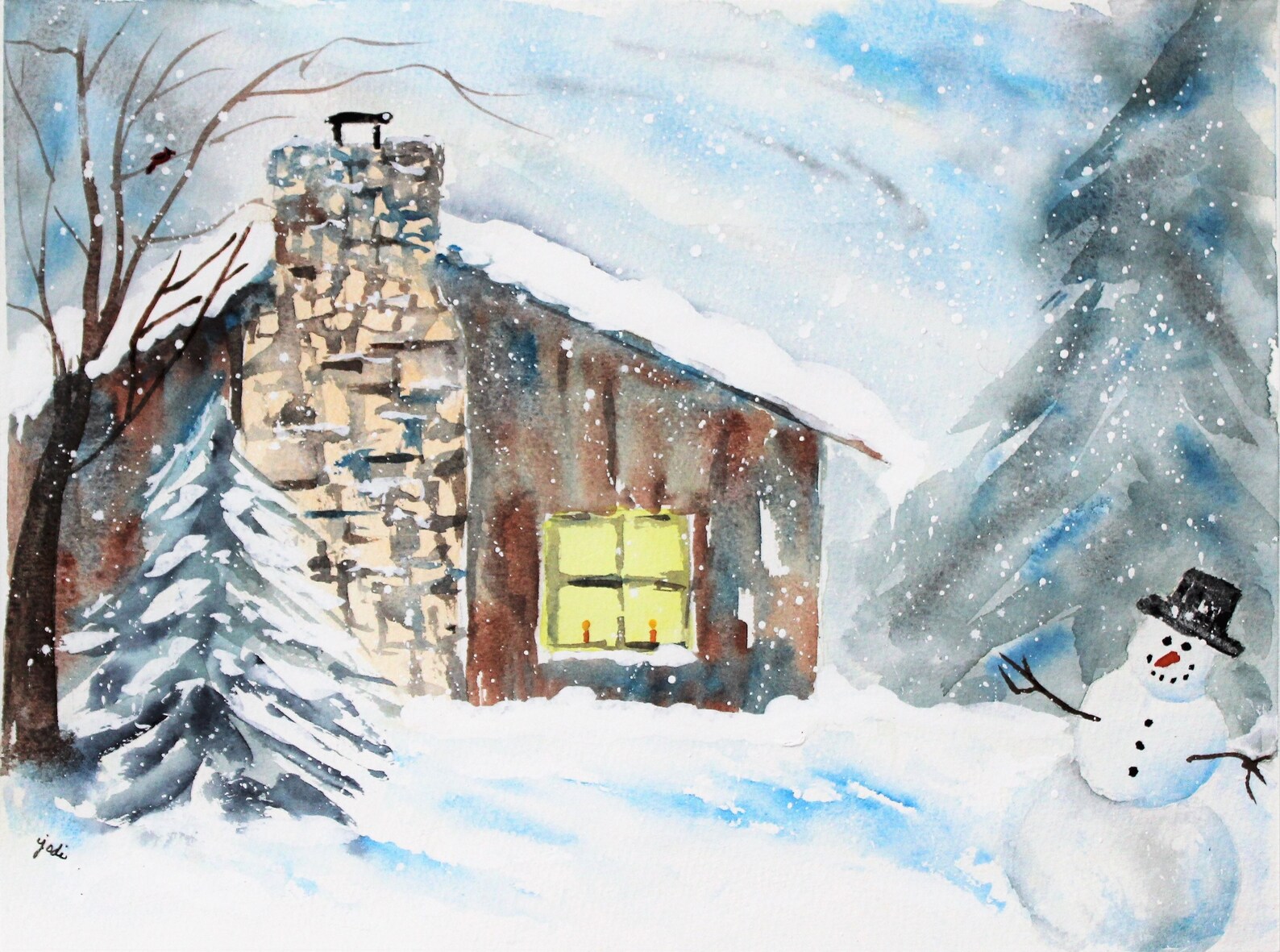 Snowy Cozy Cabin Watercolor PRINT, Christmas Painting, Cottage Painting ...