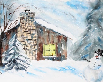 Snowy cozy cabin Watercolor PRINT, christmas painting,  cottage painting, wall hanging, winter painting