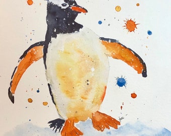 Watercolor penguin PRINT, penguin painting, nursery decor