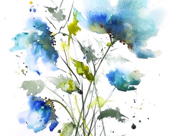 Original 11x14 Watercolor - Loose Blue Flowers