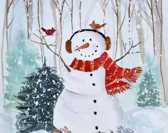 Woodland Snowie Snowman Watercolor PRINT of Original Painting