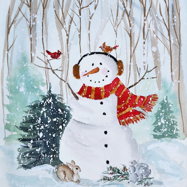 Woodland Snowie Snowman Watercolor PRINT of Original Painting