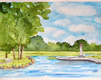 Watercolor Landscape with lake and trees and lighthouse PRINT of original painting