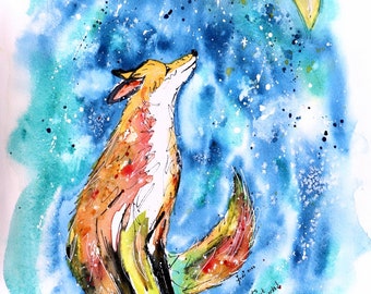 Fox and Moon PRINT of watercolor painting