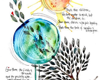 Teach the Children - Nature - Mary Oliver Upstream Poem Quote - PRINT of Original Abstract Watercolor Painting