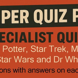 Puede incluir: Fondo naranja con texto "BUMPER QUIZ PACK" y "5 SPECIALIST QUIZZES". Los cuestionarios cubren Harry Potter, Star Trek, Marvel, Star Wars y Dr Who, con 40 preguntas y respuestas por tema.