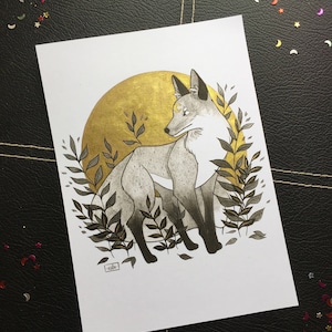 Vos • Gouden Hand Verfraaid A5/A4 Print • Inkt • Aquarel • Originele Kunst • Natuur • Herfst • Herfst