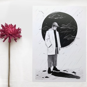 Für immer Regen - Namjoon - RM - Mono - A5/A4 Druck - BTS fanart - Tinte - Schwarz und Weiß - ❤️