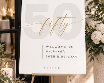 Cheers to Fifty Years Welcome Sign 50th Birthday Party Decoration Editable Printable Template Modern Gold Milestone Celebration Poster