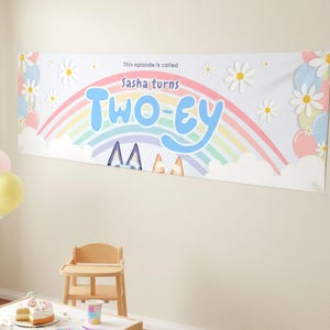 Blue Dog Two-ey Birthday Banner Second Birthday Sign Rainbow Puppy Girl Birthday Two-ey Banner Party Decor