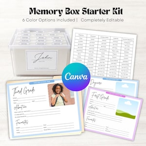 Può includere: Un kit iniziale Memory Box composto da una scatola in plastica trasparente con divisori etichettati, un foglio di etichette stampate e diverse pagine modificabili per il registro scolastico con sezioni per dettagli e preferiti.