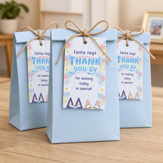 Blue Dog Thank YOU-ey Party Favor Tags 2nd Birthday Gift Tags Rainbow Puppy Party Turns Two-ey Blue Dog Thank You Cards Girl Birthday