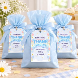 Blue dog-inspired thank you tag digital download for birthday party favors; cute editable tag template for blue dog-themed goodie bags, treat bags, or thank you gifts; ideal for toddler or preschool birthday celebrations with a dog theme.