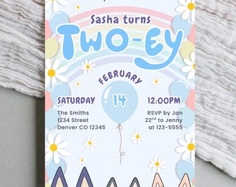 Invitación de cumpleaños de Blue Dog TWOey, invitación de segundo cumpleaños, fiesta de cachorros arcoíris, niña cumple dos años, magdalena, Blue Dog 2nd Evite
