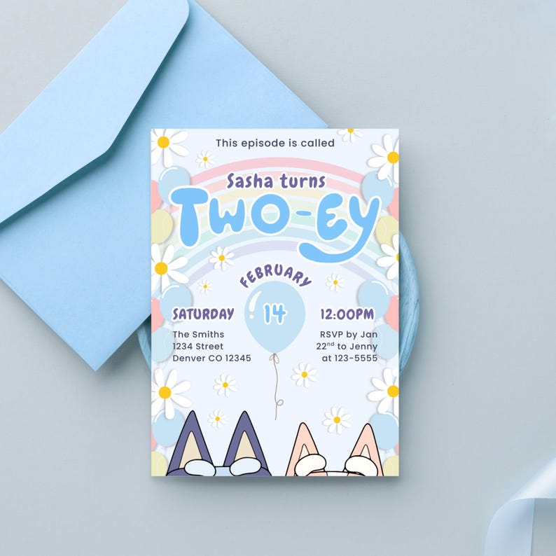 Bright and cheerful Blue dog birthday invitation featuring a cute pup and rainbow accents. Canva template editable for name, date, and event details, ready to print or send digitally.