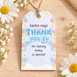 Blue dog-inspired thank you tag digital download for birthday party favors; cute editable tag template for blue dog-themed goodie bags, treat bags, or thank you gifts; ideal for toddler or preschool birthday celebrations with a dog theme.