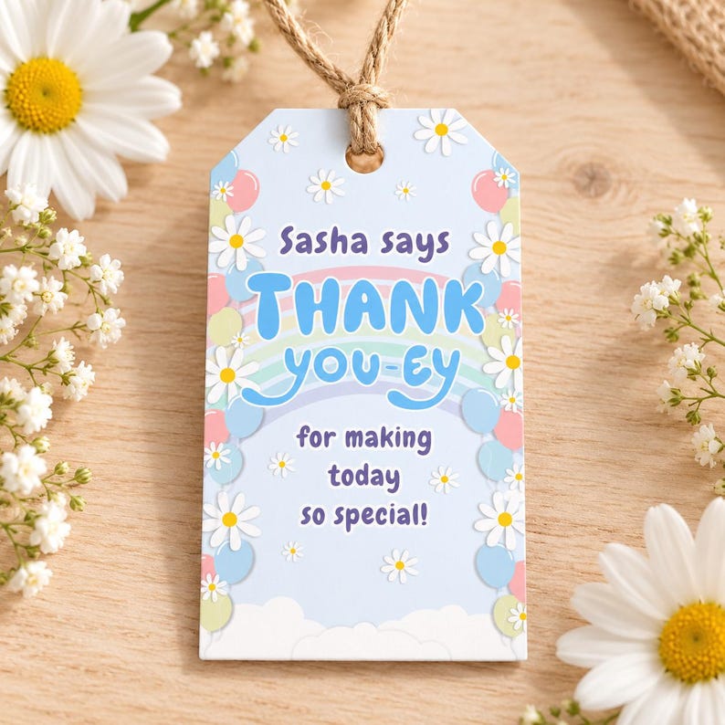 Blue dog-inspired thank you tag digital download for birthday party favors; cute editable tag template for blue dog-themed goodie bags, treat bags, or thank you gifts; ideal for toddler or preschool birthday celebrations with a dog theme.
