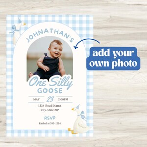 Planning a One Silly Goose first birthday? This silly goose invite is perfect for a goose first birthday, boy goose birthday, goose 1st birthday or boy silly goose party theme. Personalize this One Silly Goose birthday invitation with your child’s photo and party details for an easy printable invite. Perfect for parents searching silly goose birthday ideas, blue gingham birthday decor, first birthday boy themes, goose party decorations and unique 1st birthday invitations.