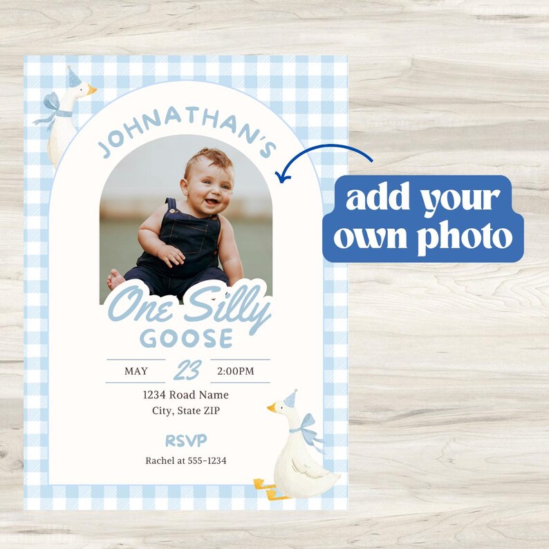 Planning a One Silly Goose first birthday? This silly goose invite is perfect for a goose first birthday, boy goose birthday, goose 1st birthday or boy silly goose party theme. Personalize this One Silly Goose birthday invitation with your child’s photo and party details for an easy printable invite. Perfect for parents searching silly goose birthday ideas, blue gingham birthday decor, first birthday boy themes, goose party decorations and unique 1st birthday invitations.