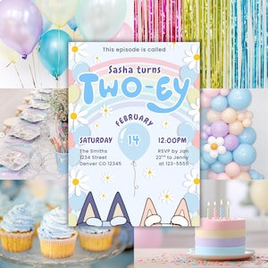 Bewerkbare Bluey TWO-ey 2e verjaardagsuitnodiging regenboogfeest Canva-sjabloon meisje digitale uitnodiging afdrukbaar ontwerp met hondenthema