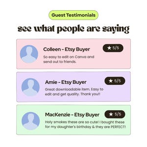 Photo collage of real customer feedback praising our editable invitations and party printables. Parents and teachers highlight easy customization, quick download, high-quality designs, and supportive seller. These glowing reviews build trust and showcase the popularity of our Etsy shop.