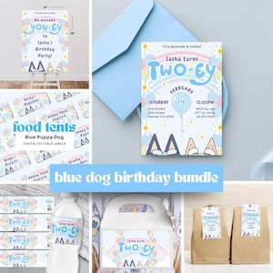 Blue Dog TWO-ey Second Birthday Bundle Rainbow Puppy Party Girl Turns Two-ey Water Bottle Labels 2nd Birthday Party Favors Treat Box Gifts