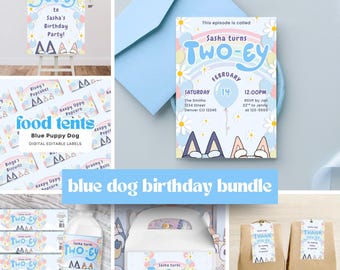 Kit per il secondo compleanno a tema cane blu, cucciolo arcobaleno, festa per la bambina che compie due anni, etichette per bottiglie d'acqua, bomboniere per il secondo compleanno, scatola di dolcetti, regali.
