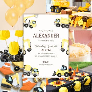 Editable construction birthday invite dump truck excavator party template printable boys birthday canva instant download