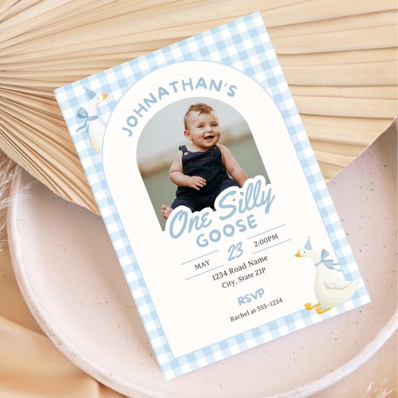 Planning a One Silly Goose first birthday? This silly goose invite is perfect for a goose first birthday, boy goose birthday, goose 1st birthday or boy silly goose party theme. Personalize this One Silly Goose birthday invitation with your child’s photo and party details for an easy printable invite. Perfect for parents searching silly goose birthday ideas, blue gingham birthday decor, first birthday boy themes, goose party decorations and unique 1st birthday invitations.