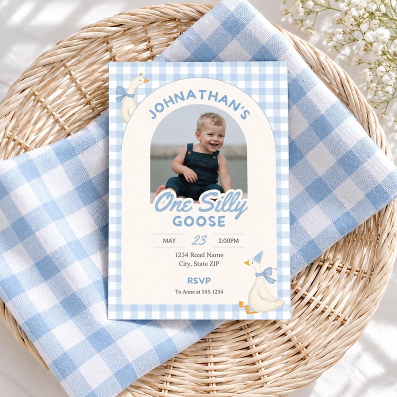 Planning a One Silly Goose first birthday? This silly goose invite is perfect for a goose first birthday, boy goose birthday, goose 1st birthday or boy silly goose party theme. Personalize this One Silly Goose birthday invitation with your child’s photo and party details for an easy printable invite. Perfect for parents searching silly goose birthday ideas, blue gingham birthday decor, first birthday boy themes, goose party decorations and unique 1st birthday invitations.
