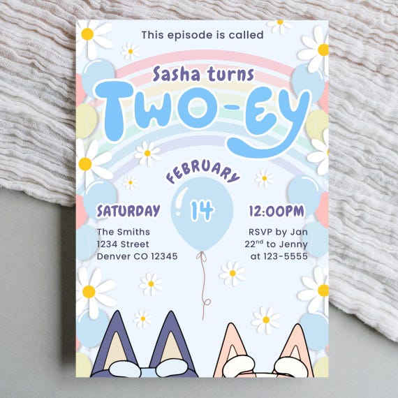This Episode is Called Twoey Blue Dog Second Birthday Invitation Rainbow Puppy Party Girl Turns Two-ey Aussie Cartoon Family Dog 2nd Evite